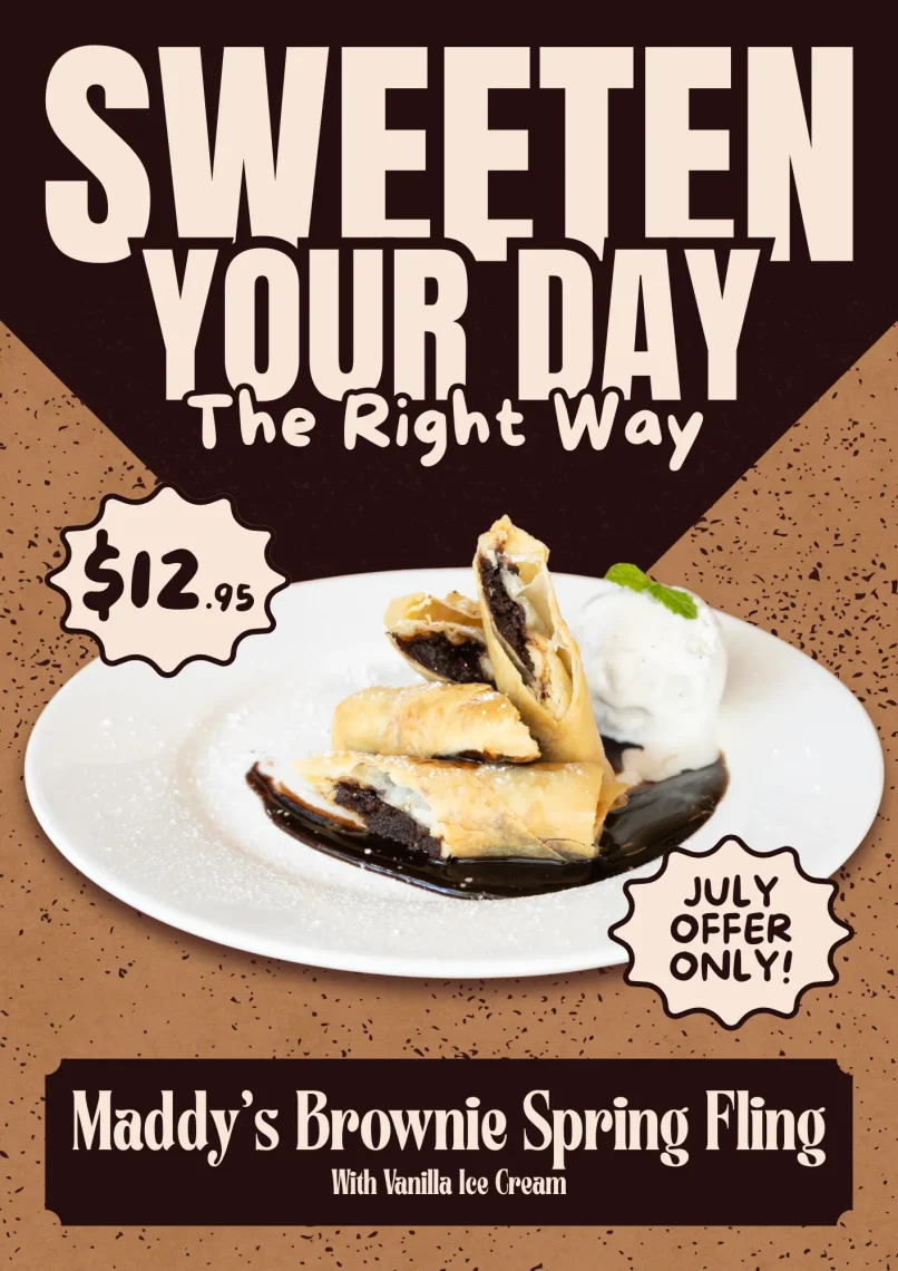 Brownie Spring Rolls July dessert special with a rich chocolate filling, served with ice cream and chocolate topping.